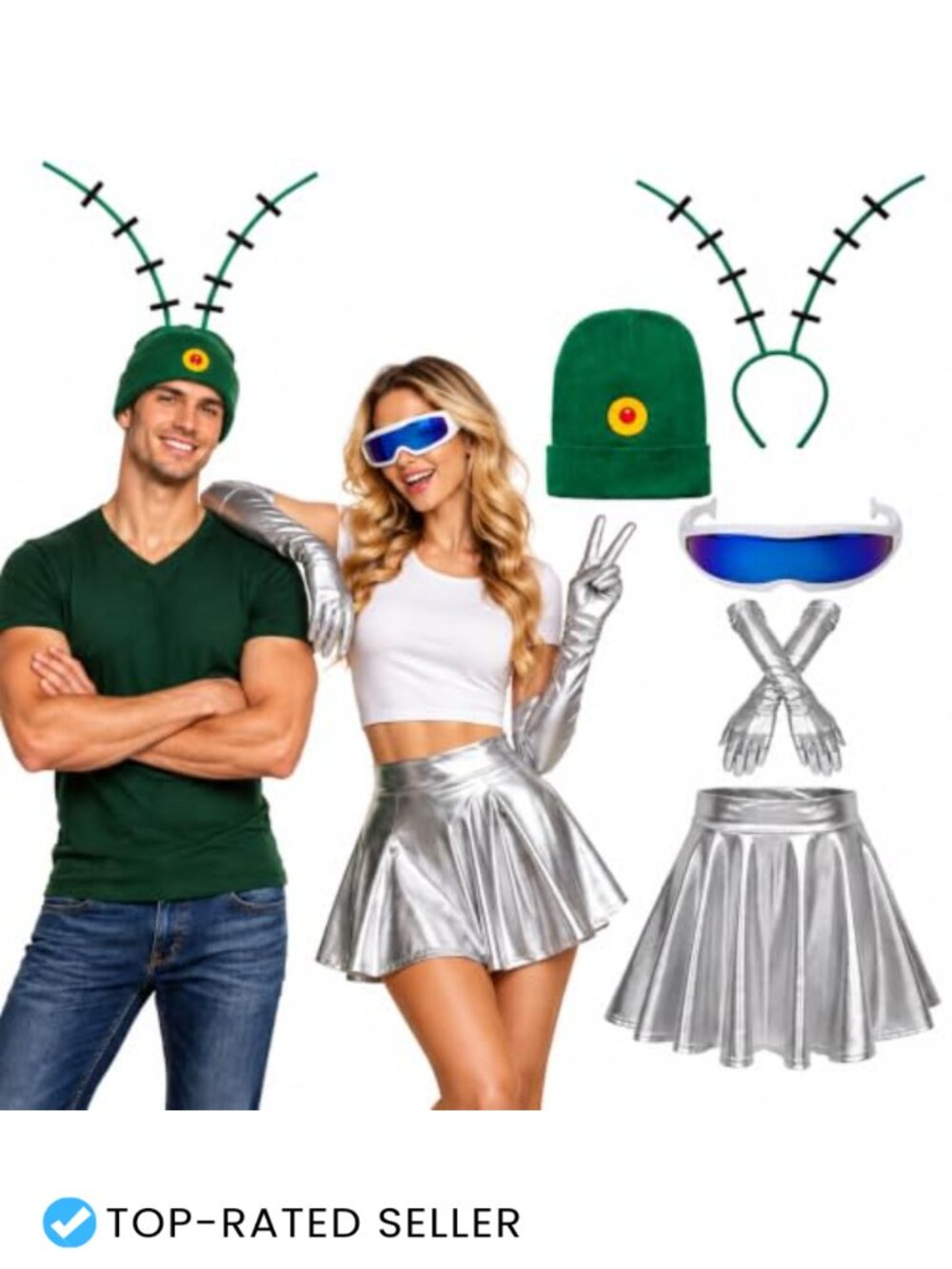 Adult Couple Halloween Costume Set Silver Dress Gloves Hat Headband Glasses